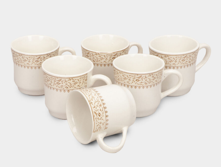 Elegant 120ml White Stoneware Tea Coffee Cup Set of 6 with Floral Pattern, Small Ceramic Style Cups for Tea, Coffee, Espresso, Milk & Beverages, Elegant Kitchen & Tableware