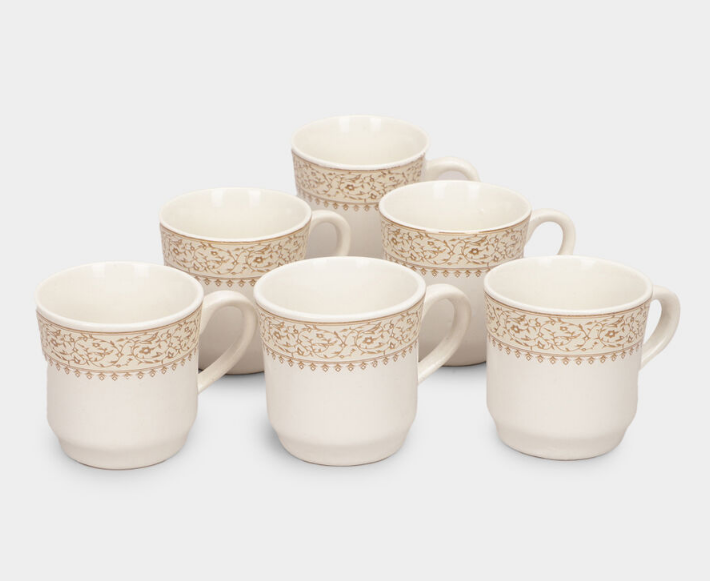 Elegant 120ml White Stoneware Tea Coffee Cup Set of 6 with Floral Pattern, Small Ceramic Style Cups for Tea, Coffee, Espresso, Milk & Beverages, Elegant Kitchen & Tableware