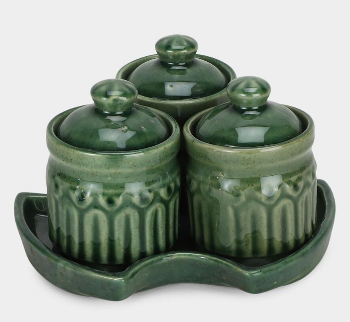 Elegant Ceramic Multi-Purpose Storage Jar Set of 3, Dark Green Stoneware Kitchen Storage Containers with Lids, Decorative Jars for Spices, Dry Fruits, Sugar, Tea, Coffee & Pantry Organization