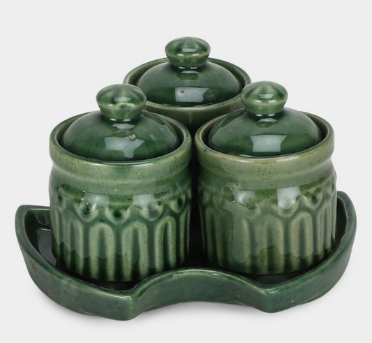 Elegant Ceramic Multi-Purpose Storage Jar Set of 3, Dark Green Stoneware Kitchen Storage Containers with Lids, Decorative Jars for Spices, Dry Fruits, Sugar, Tea, Coffee & Pantry Organization