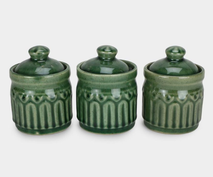 Elegant Ceramic Multi-Purpose Storage Jar Set of 3, Dark Green Stoneware Kitchen Storage Containers with Lids, Decorative Jars for Spices, Dry Fruits, Sugar, Tea, Coffee & Pantry Organization