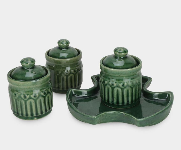 Elegant Ceramic Multi-Purpose Storage Jar Set of 3, Dark Green Stoneware Kitchen Storage Containers with Lids, Decorative Jars for Spices, Dry Fruits, Sugar, Tea, Coffee & Pantry Organization
