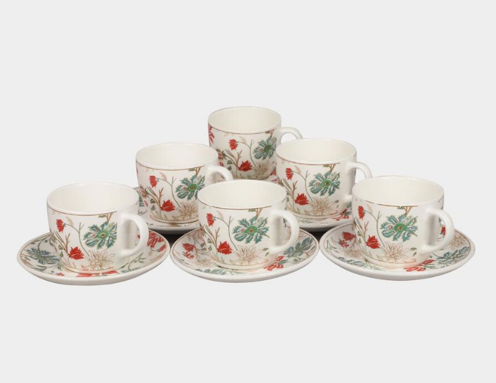 Elegant 200ml Bone China Cup and Saucer Set of 6, White Floral Tea Coffee Cups with Matching Saucers, Elegant Ceramic Style Crockery Set for Home, Office, Dining & Gifting