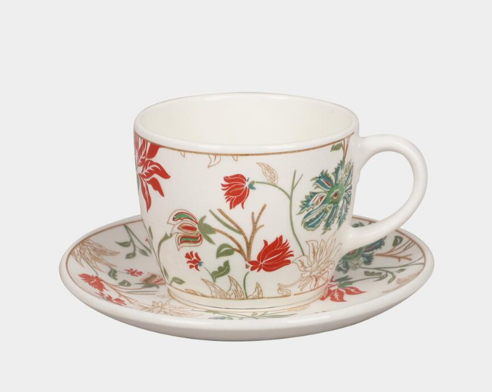 Elegant 200ml Bone China Cup and Saucer Set of 6, White Floral Tea Coffee Cups with Matching Saucers, Elegant Ceramic Style Crockery Set for Home, Office, Dining & Gifting