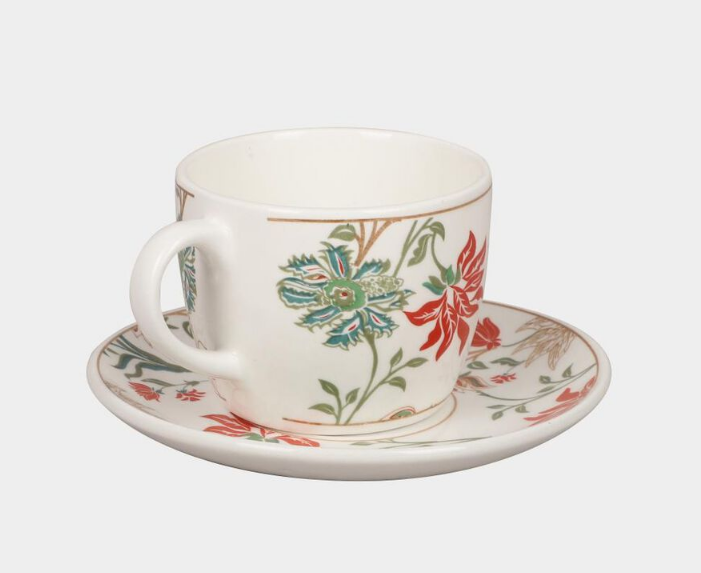 Elegant 200ml Bone China Cup and Saucer Set of 6, White Floral Tea Coffee Cups with Matching Saucers, Elegant Ceramic Style Crockery Set for Home, Office, Dining & Gifting