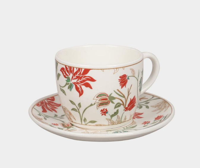 Elegant 200ml Bone China Cup and Saucer Set of 6, White Floral Tea Coffee Cups with Matching Saucers, Elegant Ceramic Style Crockery Set for Home, Office, Dining & Gifting