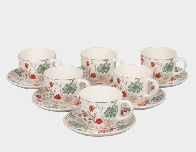 Elegant 200ml Bone China Cup and Saucer Set of 6, White Floral Tea Coffee Cups with Matching Saucers, Elegant Ceramic Style Crockery Set for Home, Office, Dining & Gifting