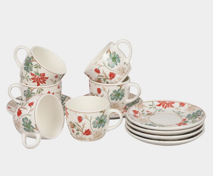 Elegant 200ml Bone China Cup and Saucer Set of 6, White Floral Tea Coffee Cups with Matching Saucers, Elegant Ceramic Style Crockery Set for Home, Office, Dining & Gifting