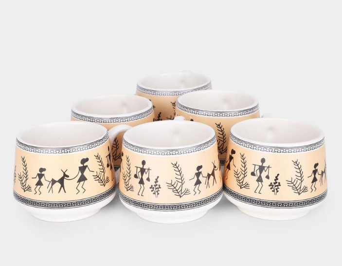 200ml Stoneware Cup Set of 6, White & Silver Tribal Floral Printed Tea Coffee Cups, Stylish Ceramic Style Beverage Cups for Home, Office, Dining & Gifting