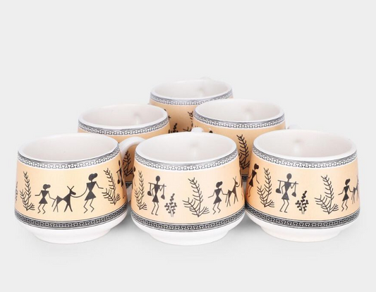 200ml Stoneware Cup Set of 6, White & Silver Tribal Floral Printed Tea Coffee Cups, Stylish Ceramic Style Beverage Cups for Home, Office, Dining & Gifting