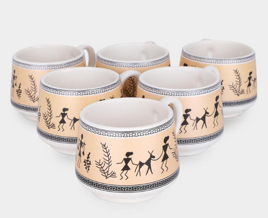 200ml Stoneware Cup Set of 6, White & Silver Tribal Floral Printed Tea Coffee Cups, Stylish Ceramic Style Beverage Cups for Home, Office, Dining & Gifting