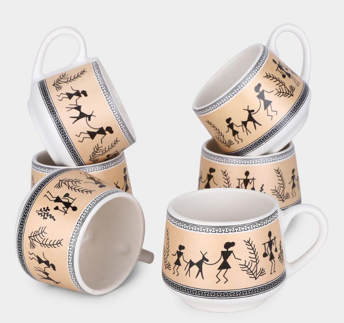 200ml Stoneware Cup Set of 6, White & Silver Tribal Floral Printed Tea Coffee Cups, Stylish Ceramic Style Beverage Cups for Home, Office, Dining & Gifting