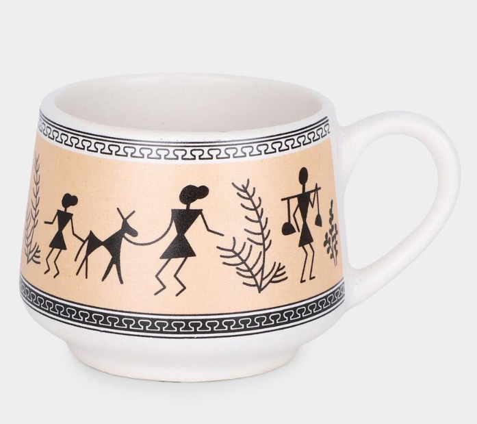 200ml Stoneware Cup Set of 6, White & Silver Tribal Floral Printed Tea Coffee Cups, Stylish Ceramic Style Beverage Cups for Home, Office, Dining & Gifting