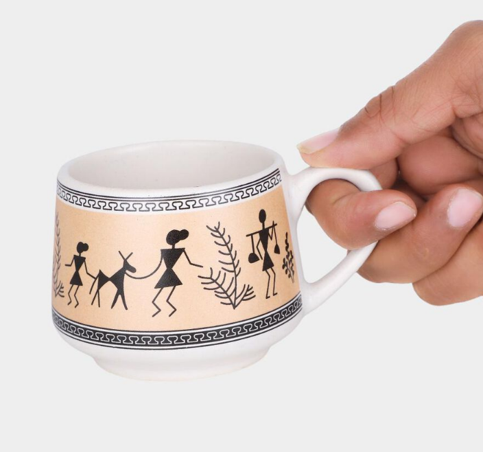 200ml Stoneware Cup Set of 6, White & Silver Tribal Floral Printed Tea Coffee Cups, Stylish Ceramic Style Beverage Cups for Home, Office, Dining & Gifting