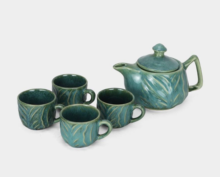 Ceramic Teapot Set with 4 Matching Cups, 750ml Teal Green Stoneware Tea Pot with 150ml Cups, Elegant Tea Serving Set for Home, Office, Tea Parties & Gifting