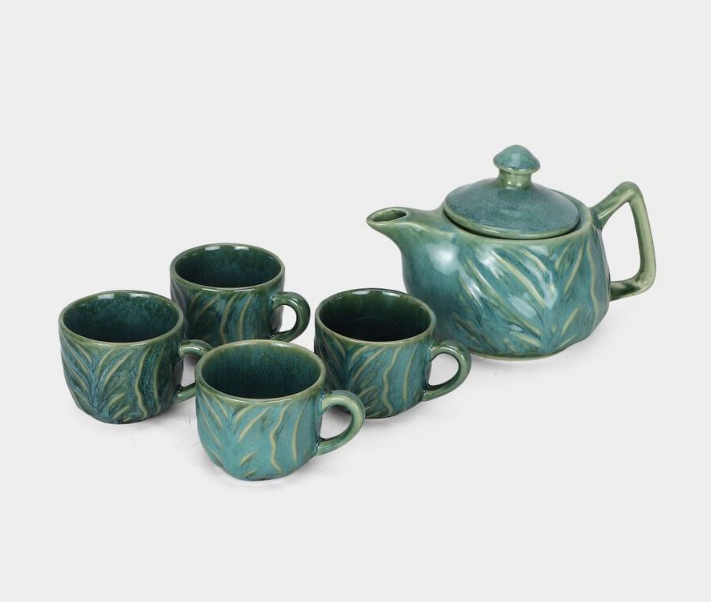 Ceramic Teapot Set with 4 Matching Cups, 750ml Teal Green Stoneware Tea Pot with 150ml Cups, Elegant Tea Serving Set for Home, Office, Tea Parties & Gifting