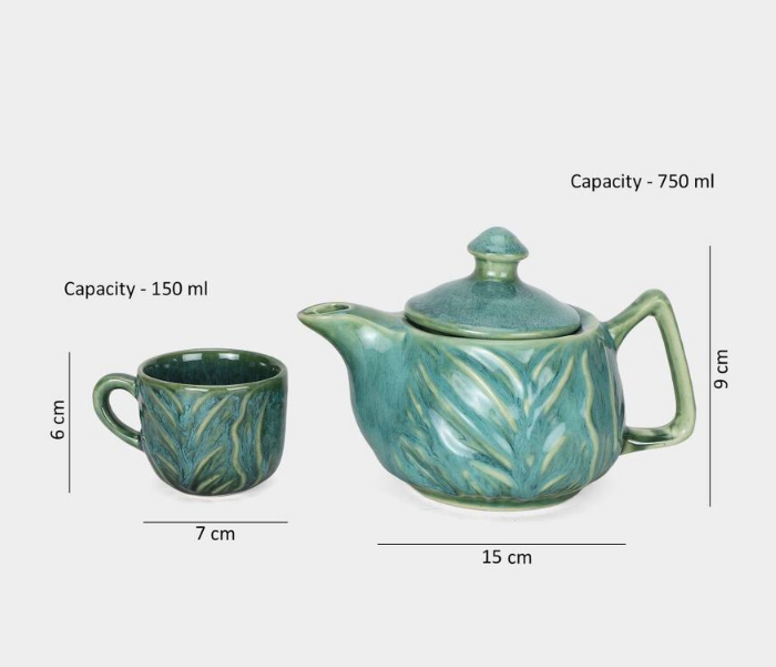 Ceramic Teapot Set with 4 Matching Cups, 750ml Teal Green Stoneware Tea Pot with 150ml Cups, Elegant Tea Serving Set for Home, Office, Tea Parties & Gifting