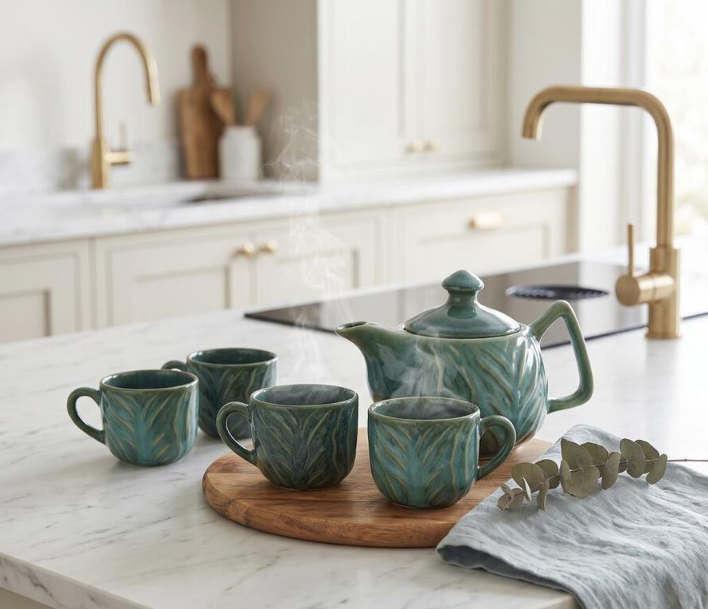 Ceramic Teapot Set with 4 Matching Cups, 750ml Teal Green Stoneware Tea Pot with 150ml Cups, Elegant Tea Serving Set for Home, Office, Tea Parties & Gifting