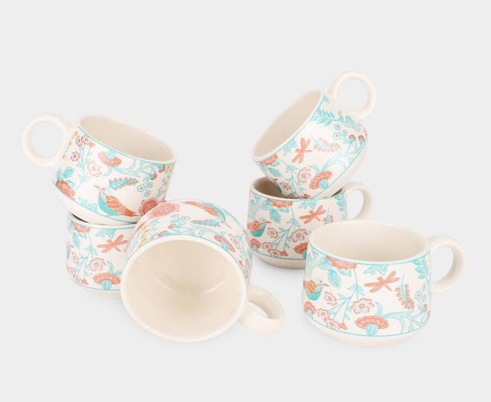 Elegant 190ml Bone China Mug Set of 6, White Floral Printed Tea Coffee Mugs, Elegant Lightweight Cups for Home, Office, Dining, Breakfast, Tea Time & Gifting