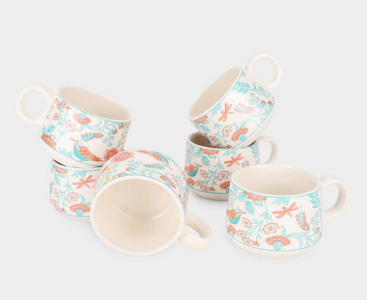Elegant 190ml Bone China Mug Set of 6, White Floral Printed Tea Coffee Mugs, Elegant Lightweight Cups for Home, Office, Dining, Breakfast, Tea Time & Gifting