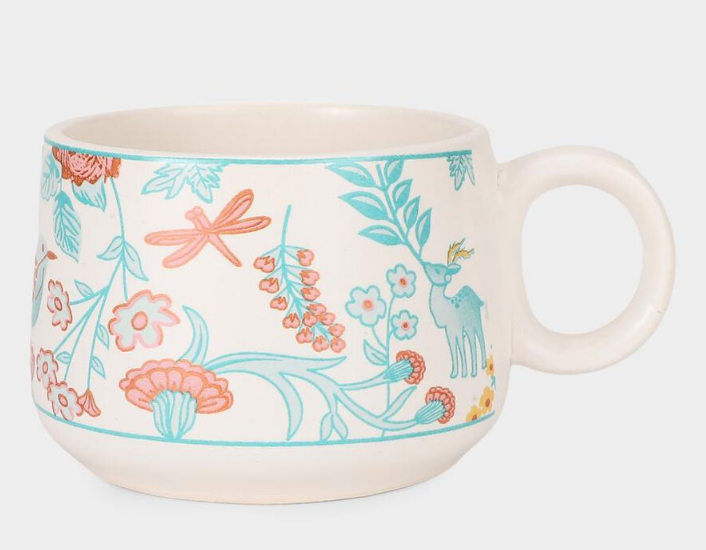 Elegant 190ml Bone China Mug Set of 6, White Floral Printed Tea Coffee Mugs, Elegant Lightweight Cups for Home, Office, Dining, Breakfast, Tea Time & Gifting