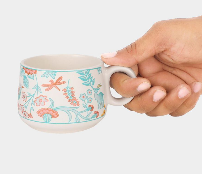 Elegant 190ml Bone China Mug Set of 6, White Floral Printed Tea Coffee Mugs, Elegant Lightweight Cups for Home, Office, Dining, Breakfast, Tea Time & Gifting