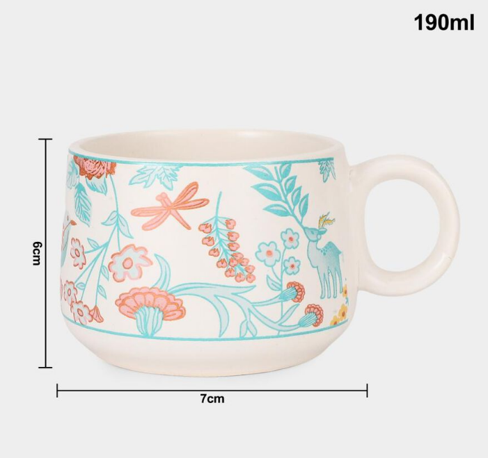 Elegant 190ml Bone China Mug Set of 6, White Floral Printed Tea Coffee Mugs, Elegant Lightweight Cups for Home, Office, Dining, Breakfast, Tea Time & Gifting