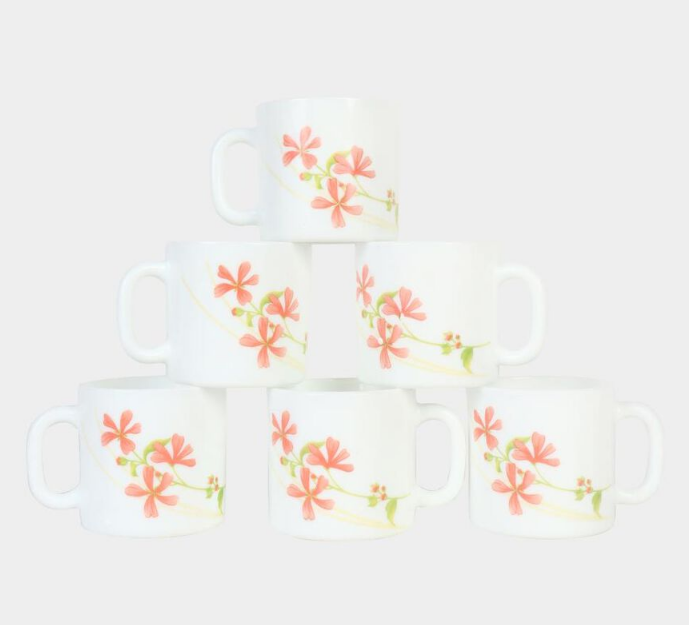 Elegant 190ml Opalware Cup Set of 6, White Floral Printed Tea Coffee Cups, Lightweight Multipurpose Beverage Mugs with Handles for Home, Kitchen, Office, Dining & Gifting