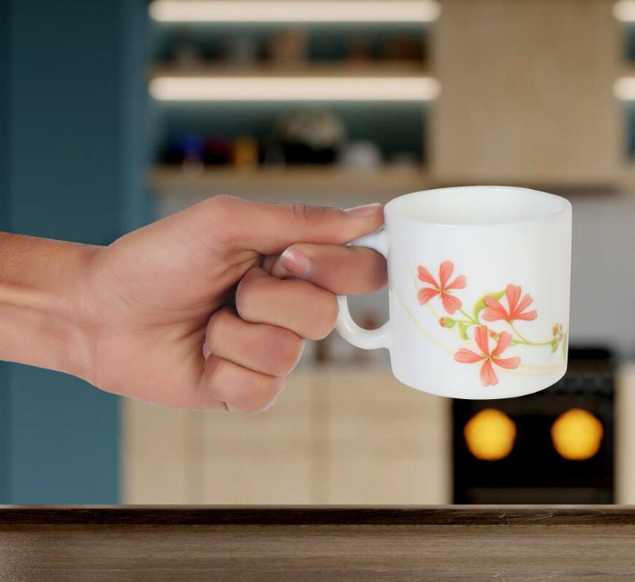 Elegant 190ml Opalware Cup Set of 6, White Floral Printed Tea Coffee Cups, Lightweight Multipurpose Beverage Mugs with Handles for Home, Kitchen, Office, Dining & Gifting