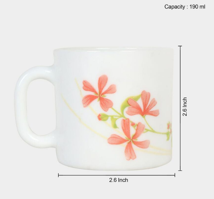 Elegant 190ml Opalware Cup Set of 6, White Floral Printed Tea Coffee Cups, Lightweight Multipurpose Beverage Mugs with Handles for Home, Kitchen, Office, Dining & Gifting