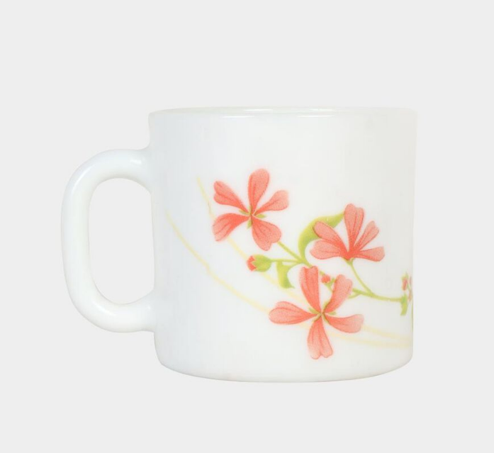 Elegant 190ml Opalware Cup Set of 6, White Floral Printed Tea Coffee Cups, Lightweight Multipurpose Beverage Mugs with Handles for Home, Kitchen, Office, Dining & Gifting