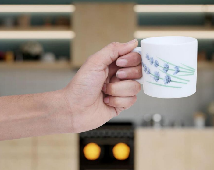 Elegant 180ml Opalware Cup Set of 6, White Floral Printed Tea Coffee Cups with Comfortable Handles, Lightweight Beverage Cups for Home, Kitchen, Office, Dining & Gifting