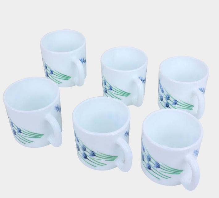 Elegant 180ml Opalware Cup Set of 6, White Floral Printed Tea Coffee Cups with Comfortable Handles, Lightweight Beverage Cups for Home, Kitchen, Office, Dining & Gifting