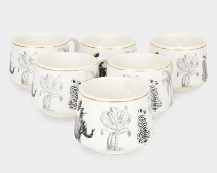 200ml Bone China Mug, White Printed Tea Coffee Cup with Wildlife & Jungle Design, Elegant Beverage Mug with Handle for Home, Office, Kitchen, Dining & Gifting