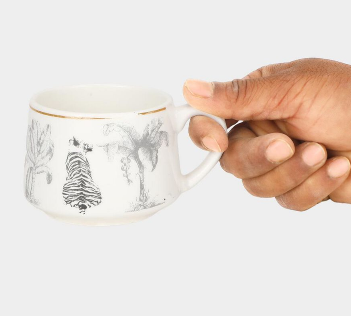 200ml Bone China Mug, White Printed Tea Coffee Cup with Wildlife & Jungle Design, Elegant Beverage Mug with Handle for Home, Office, Kitchen, Dining & Gifting
