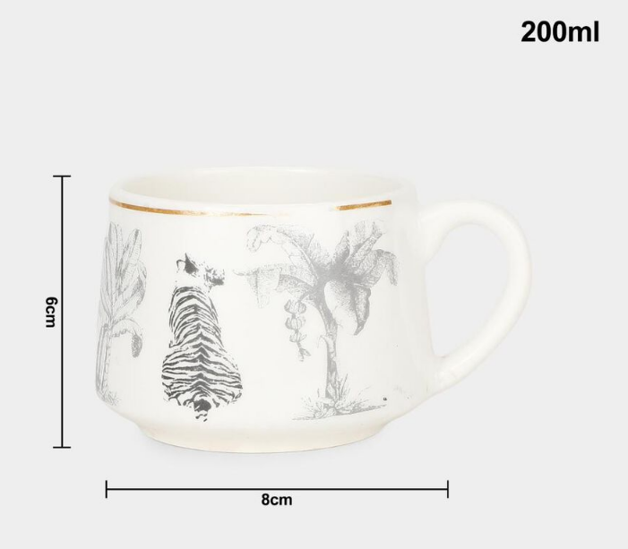 200ml Bone China Mug, White Printed Tea Coffee Cup with Wildlife & Jungle Design, Elegant Beverage Mug with Handle for Home, Office, Kitchen, Dining & Gifting