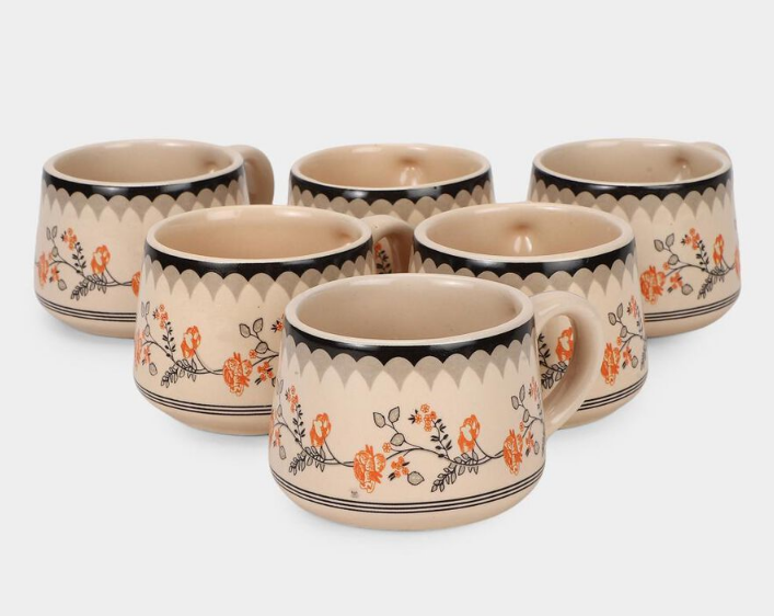 Elegant 150ml Bone China Mug Set of 6, White Floral Printed Tea Coffee Cups with Handles, Elegant Small Beverage Mugs for Home, Kitchen, Office, Dining, Tea Time & Gifting