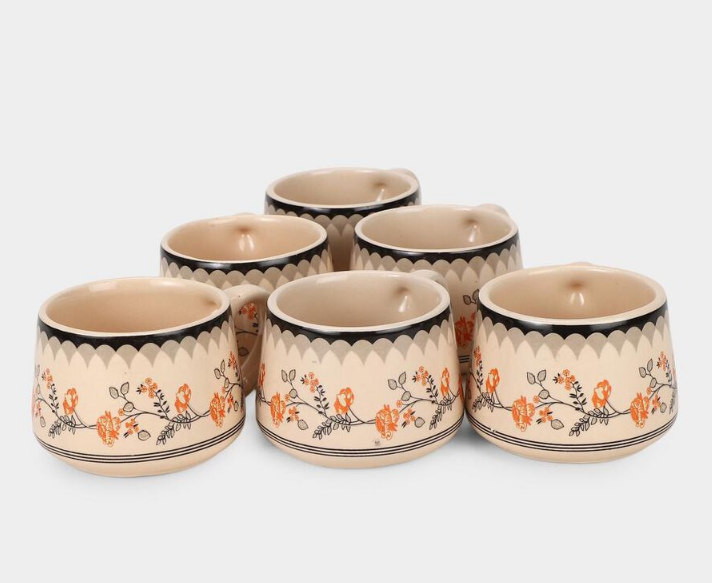 Elegant 150ml Bone China Mug Set of 6, White Floral Printed Tea Coffee Cups with Handles, Elegant Small Beverage Mugs for Home, Kitchen, Office, Dining, Tea Time & Gifting