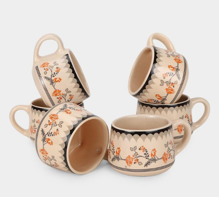 Elegant 150ml Bone China Mug Set of 6, White Floral Printed Tea Coffee Cups with Handles, Elegant Small Beverage Mugs for Home, Kitchen, Office, Dining, Tea Time & Gifting