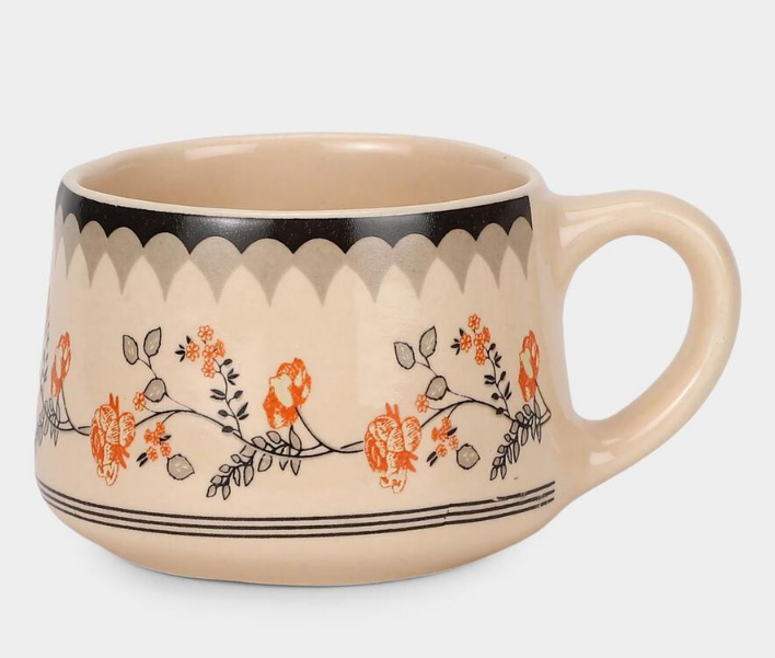 Elegant 150ml Bone China Mug Set of 6, White Floral Printed Tea Coffee Cups with Handles, Elegant Small Beverage Mugs for Home, Kitchen, Office, Dining, Tea Time & Gifting