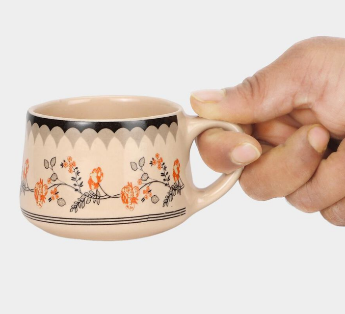Elegant 150ml Bone China Mug Set of 6, White Floral Printed Tea Coffee Cups with Handles, Elegant Small Beverage Mugs for Home, Kitchen, Office, Dining, Tea Time & Gifting