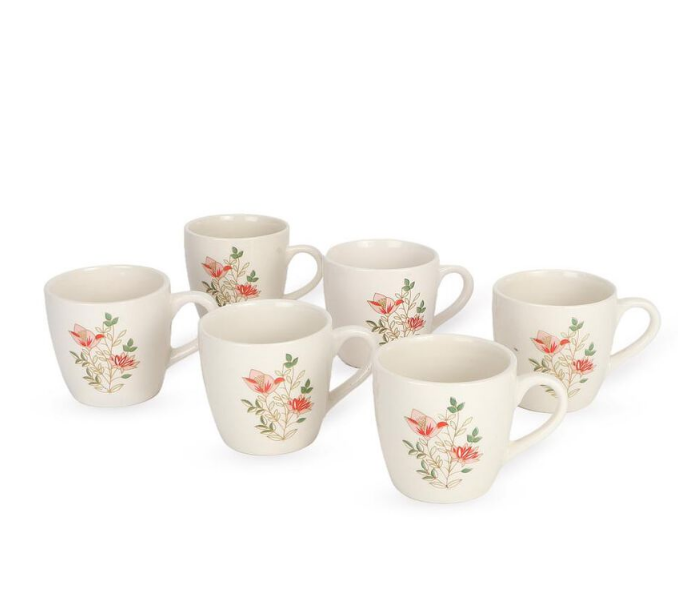 Elegant 120ml Bone China Mug Set of 6, White Floral Printed Tea Coffee Cups with Handles, Elegant Small Beverage Mugs for Home, Kitchen, Office, Dining, Tea Time & Gifting