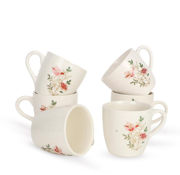 Elegant 120ml Bone China Mug Set of 6, White Floral Printed Tea Coffee Cups with Handles, Elegant Small Beverage Mugs for Home, Kitchen, Office, Dining, Tea Time & Gifting