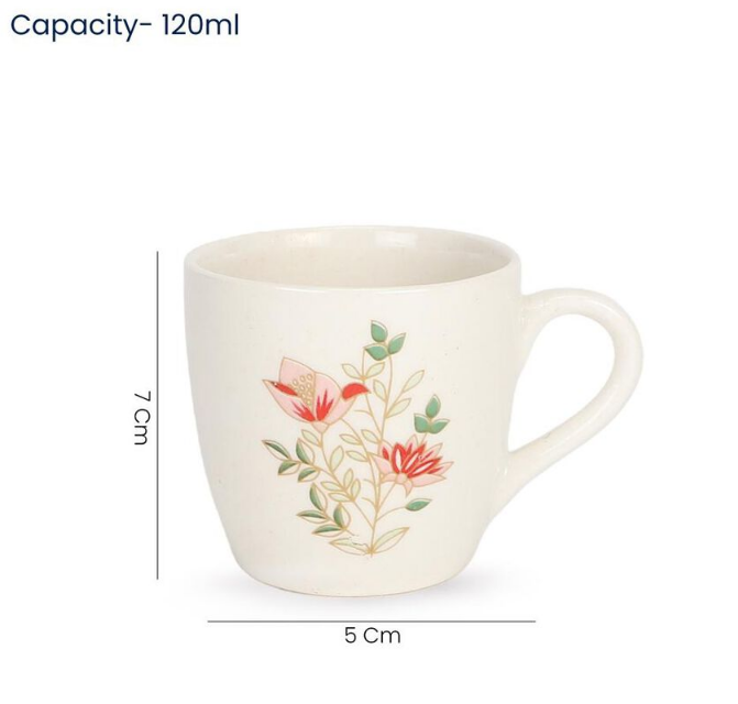 Elegant 120ml Bone China Mug Set of 6, White Floral Printed Tea Coffee Cups with Handles, Elegant Small Beverage Mugs for Home, Kitchen, Office, Dining, Tea Time & Gifting