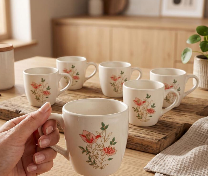 Elegant 120ml Bone China Mug Set of 6, White Floral Printed Tea Coffee Cups with Handles, Elegant Small Beverage Mugs for Home, Kitchen, Office, Dining, Tea Time & Gifting