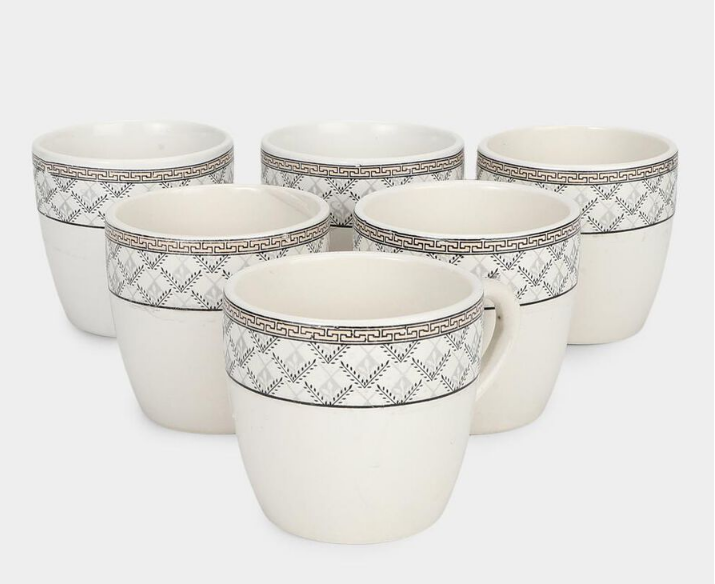120ml Bone China Mug Set of 6, White Coffee Tea Cups with Black Geometric Pattern and Handles, Elegant Small Beverage Mugs for Home, Kitchen, Office, Dining & Gifting