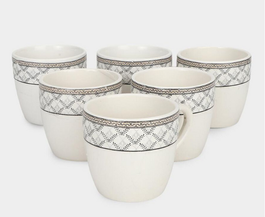 120ml Bone China Mug Set of 6, White Coffee Tea Cups with Black Geometric Pattern and Handles, Elegant Small Beverage Mugs for Home, Kitchen, Office, Dining & Gifting