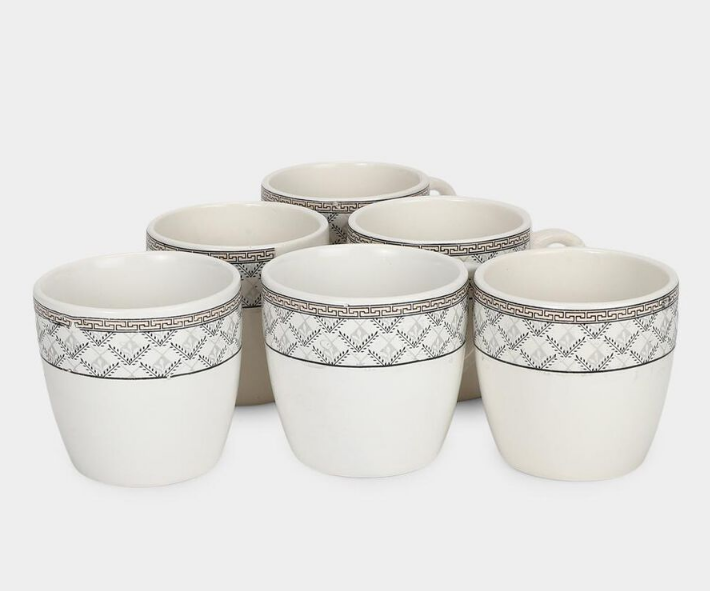120ml Bone China Mug Set of 6, White Coffee Tea Cups with Black Geometric Pattern and Handles, Elegant Small Beverage Mugs for Home, Kitchen, Office, Dining & Gifting
