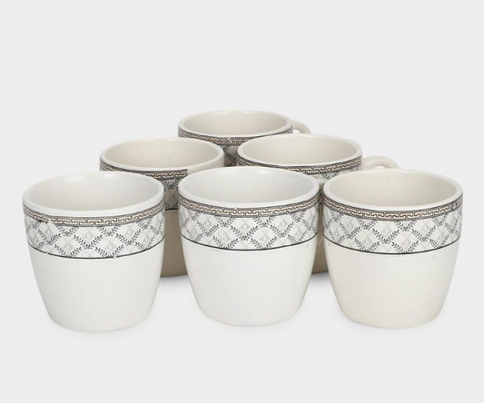 120ml Bone China Mug Set of 6, White Coffee Tea Cups with Black Geometric Pattern and Handles, Elegant Small Beverage Mugs for Home, Kitchen, Office, Dining & Gifting