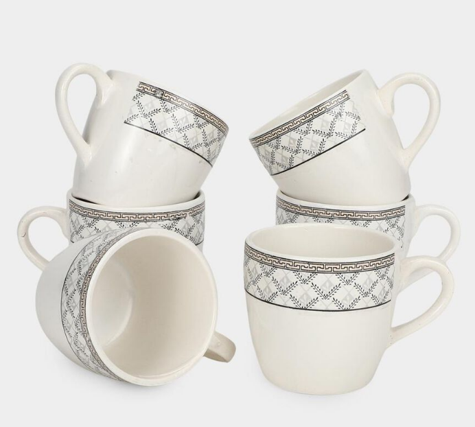120ml Bone China Mug Set of 6, White Coffee Tea Cups with Black Geometric Pattern and Handles, Elegant Small Beverage Mugs for Home, Kitchen, Office, Dining & Gifting